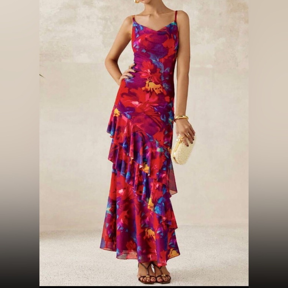 Sleeveless Floral Ruffled Maxi Dress